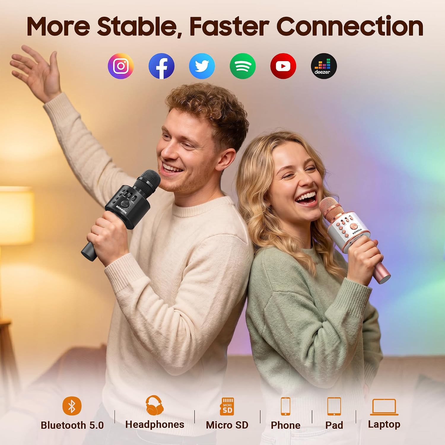 BONAOK Wireless Bluetooth Karaoke Microphone,3-in-1 Portable Handheld Karaoke Mic Speaker Machine Home Party Birthday for All Smartphones PC(Q37 Rose Gold) - Image 3