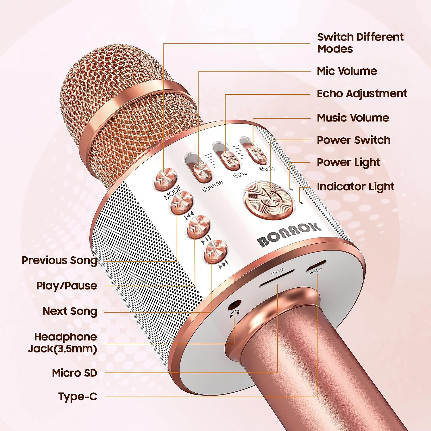 BONAOK Wireless Bluetooth Karaoke Microphone,3-in-1 Portable Handheld Karaoke Mic Speaker Machine Home Party Birthday for All Smartphones PC(Q37 Rose Gold) - Image 5