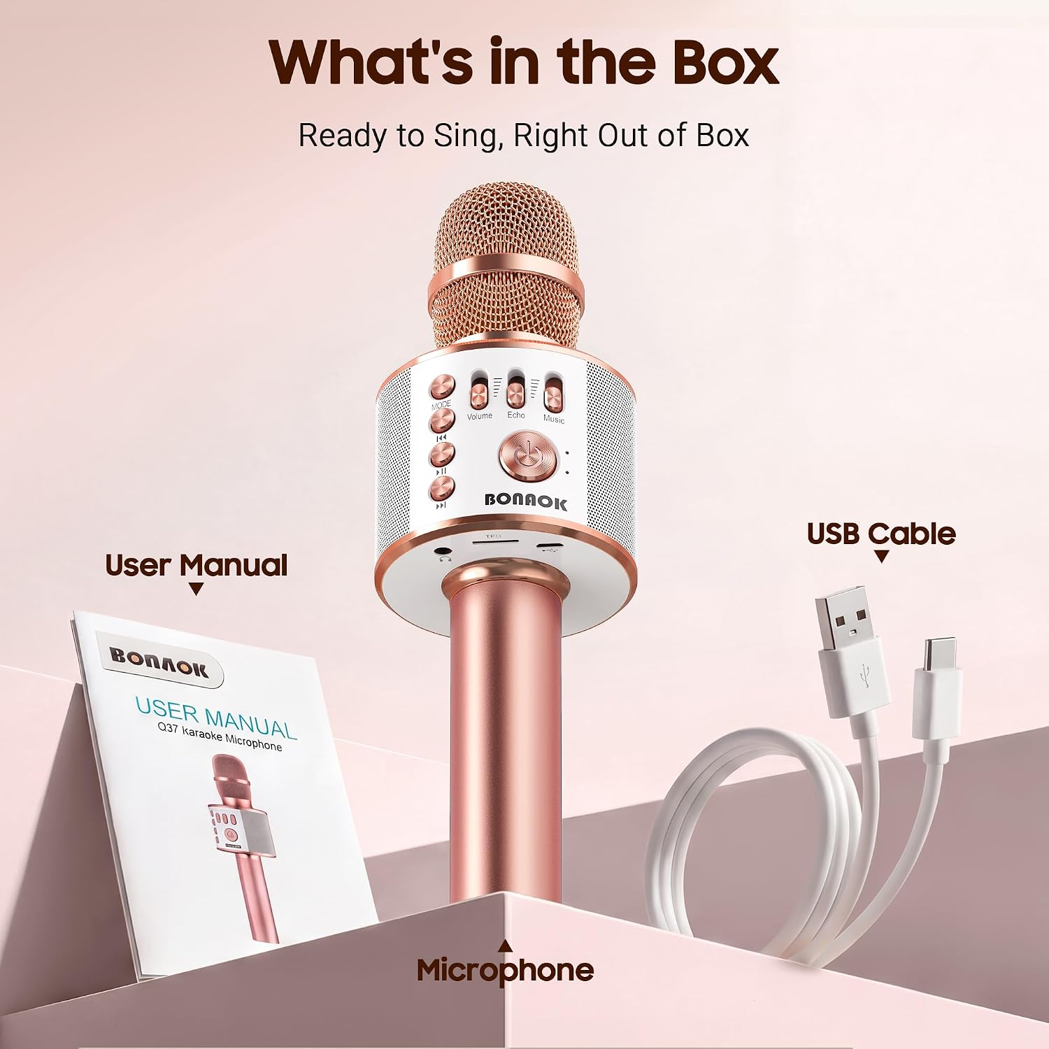 BONAOK Wireless Bluetooth Karaoke Microphone,3-in-1 Portable Handheld Karaoke Mic Speaker Machine Home Party Birthday for All Smartphones PC(Q37 Rose Gold) - Image 6